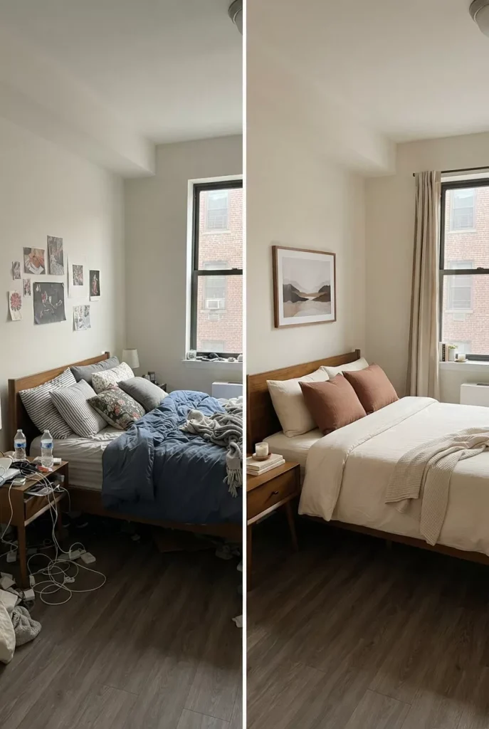 Before-and-after small bedroom showing a mismatched bed changed into a simple coordinated focal point