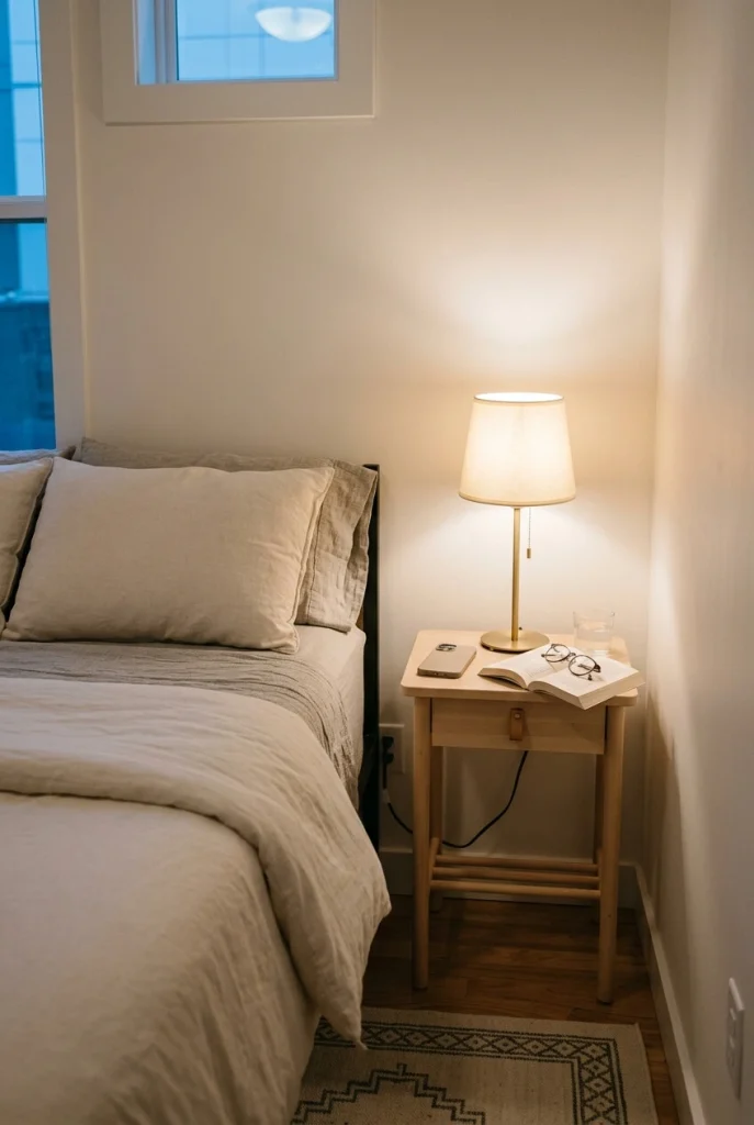 Compact bedside lamp on a small nightstand beside a neutral bed in a small bedroom