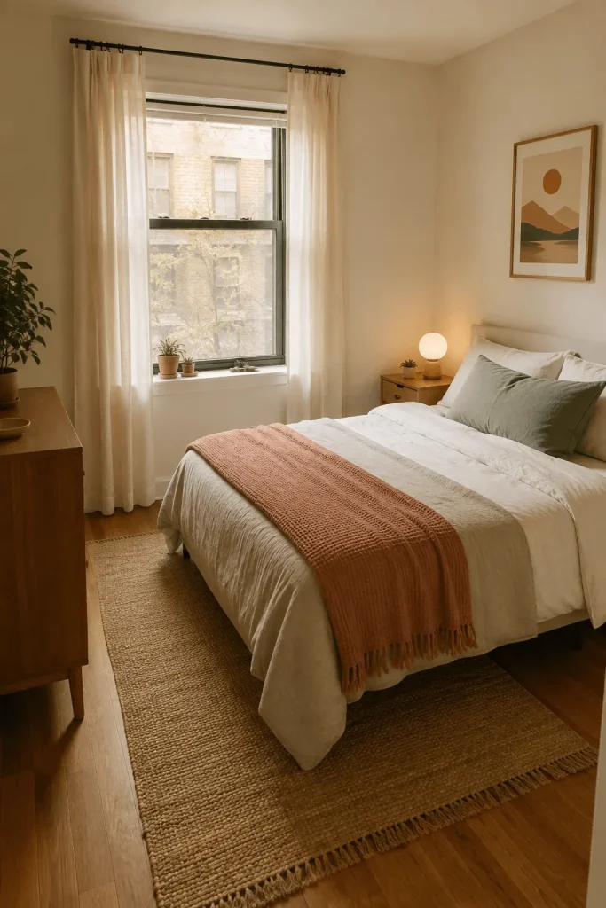 Finished small bedroom with restrained decor, open surfaces, and visible breathing room