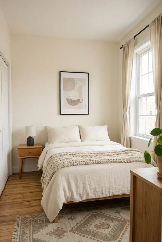 Light neutral small bedroom with thin charcoal accents in the lamp, frame, and curtain rod