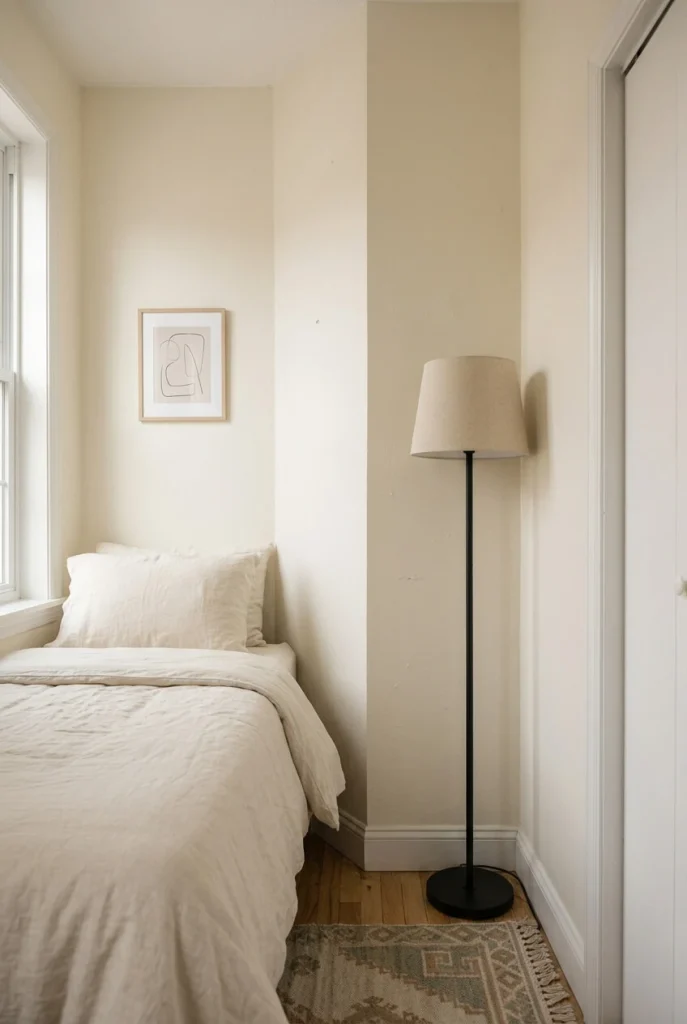 Narrow bedroom corner using a tall slim mirror instead of extra furniture