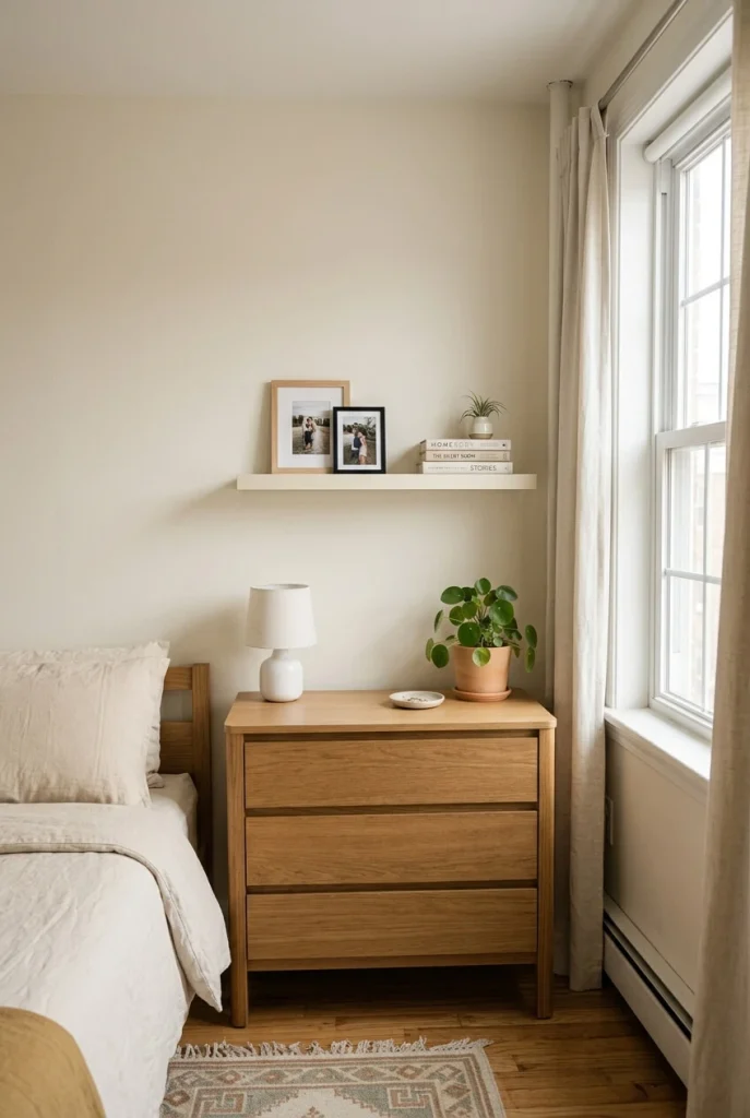 Shallow floating shelf above a compact dresser in a small bedroom