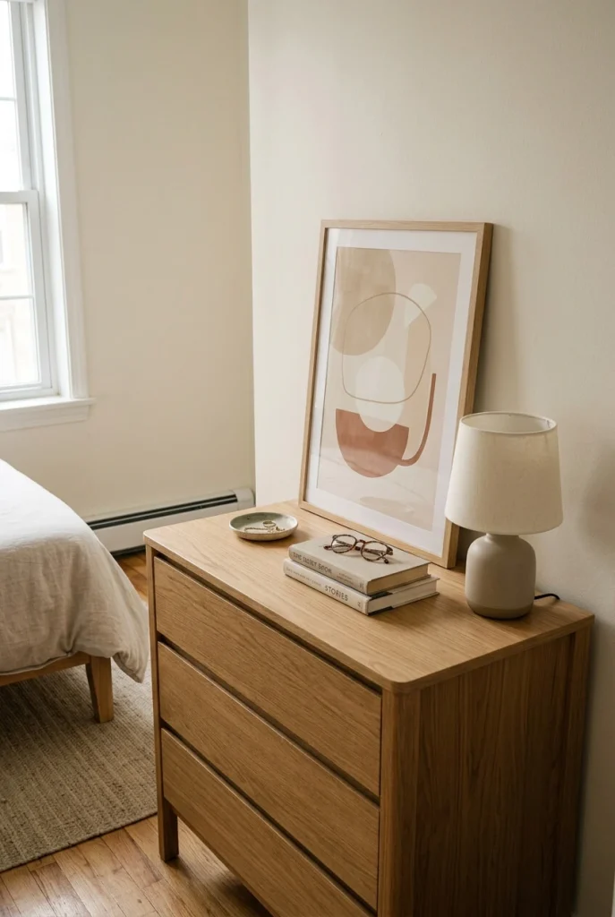 Small bedroom dresser styled with a low arrangement of books, a vase, and framed art while leaving open surface space
