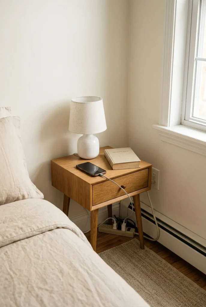 Small bedroom nightstand with charging and lamp cords routed neatly behind the furniture