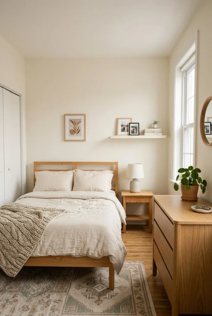 Small bedroom repeating light natural wood in the bed frame, picture frame, and lamp base