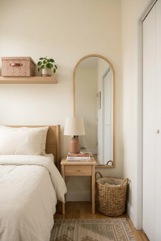 Small bedroom where a basket, lamp, mirror, books, and storage box serve as both useful items and decor