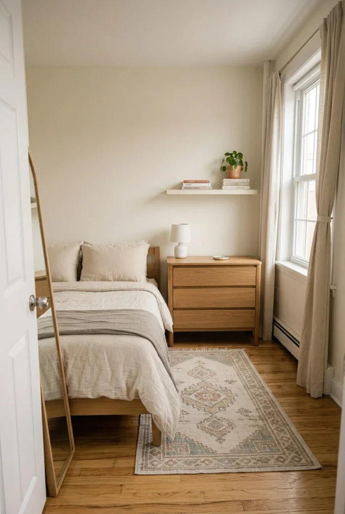 Small bedroom with clear floor edges and an open walking path around the furniture
