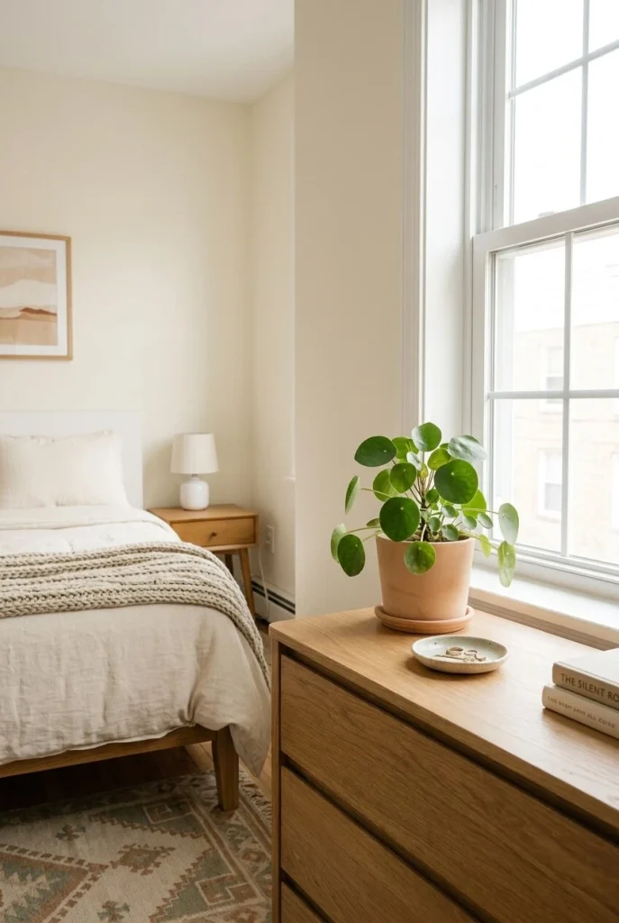Small bedroom with one modest green plant placed near a bright apartment window