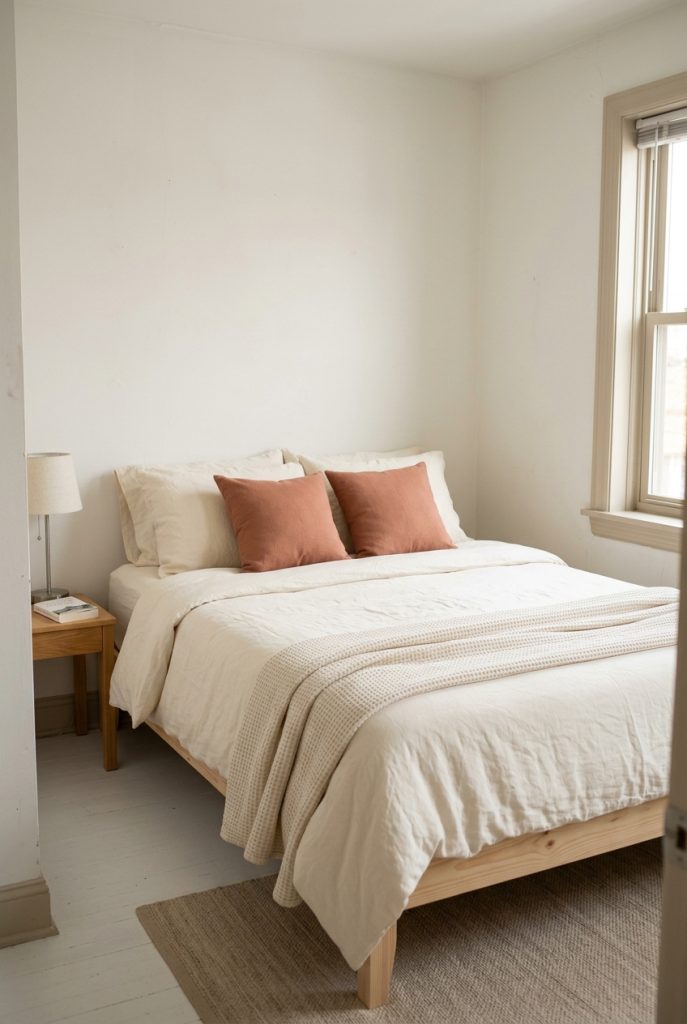 Small bedroom with simple ivory bedding, two terracotta accent pillows, and a lightweight throw