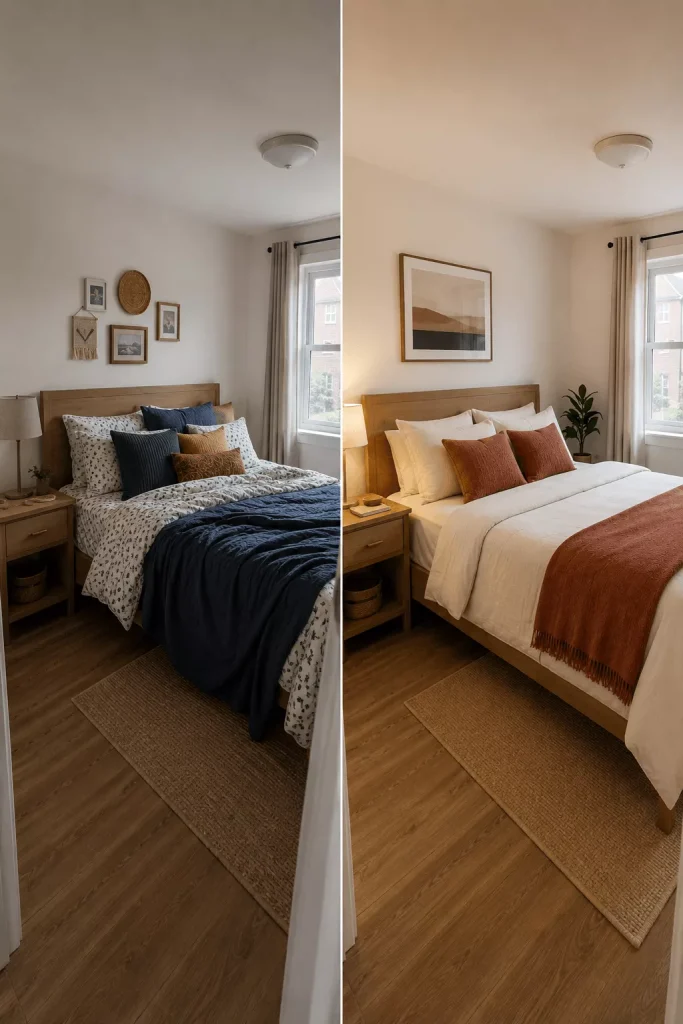 before-and-after-small-bedroom-showing-a-mismatched-bed-changed-into-a-simple-coordinated-focal-point