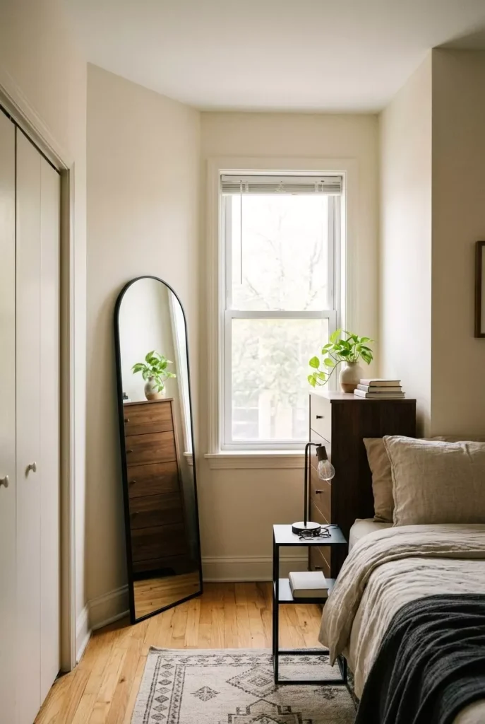full-length-arched-mirror-placed-near-a-window-in-a-narrow-small-bedroom