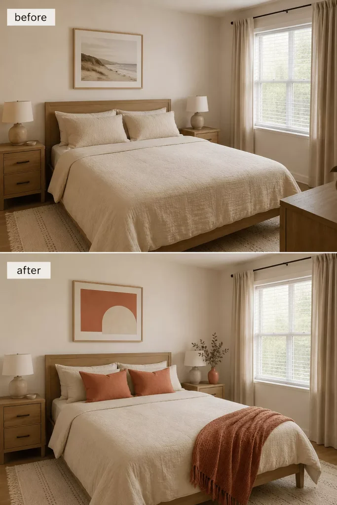 neutral-small-bedroom-before-and-after-with-muted-terracotta-repeated-in-bedding-wall-art-and-one-accessory