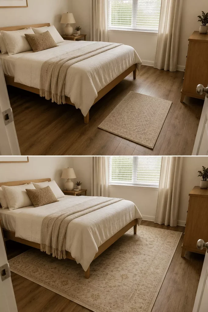 plain-small-rental-bedroom-before-and-after-using-portable-bedding-lighting-curtains-mirror-rug-and-simple-art