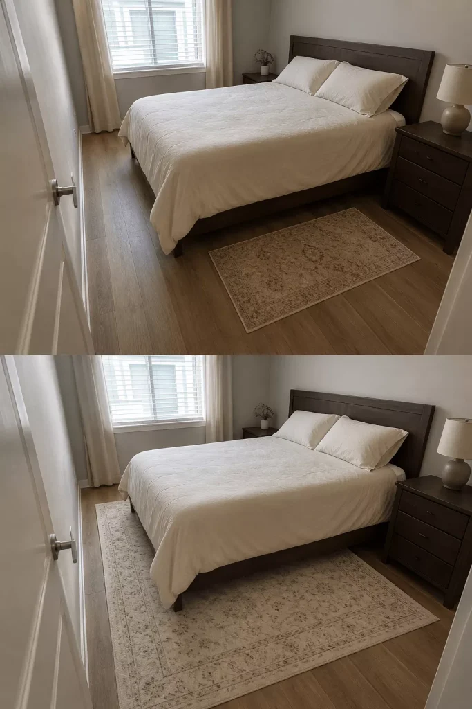 small-bedroom-before-with-a-disconnected-tiny-rug-and-after-with-a-correctly-positioned-rug-anchoring-the-be