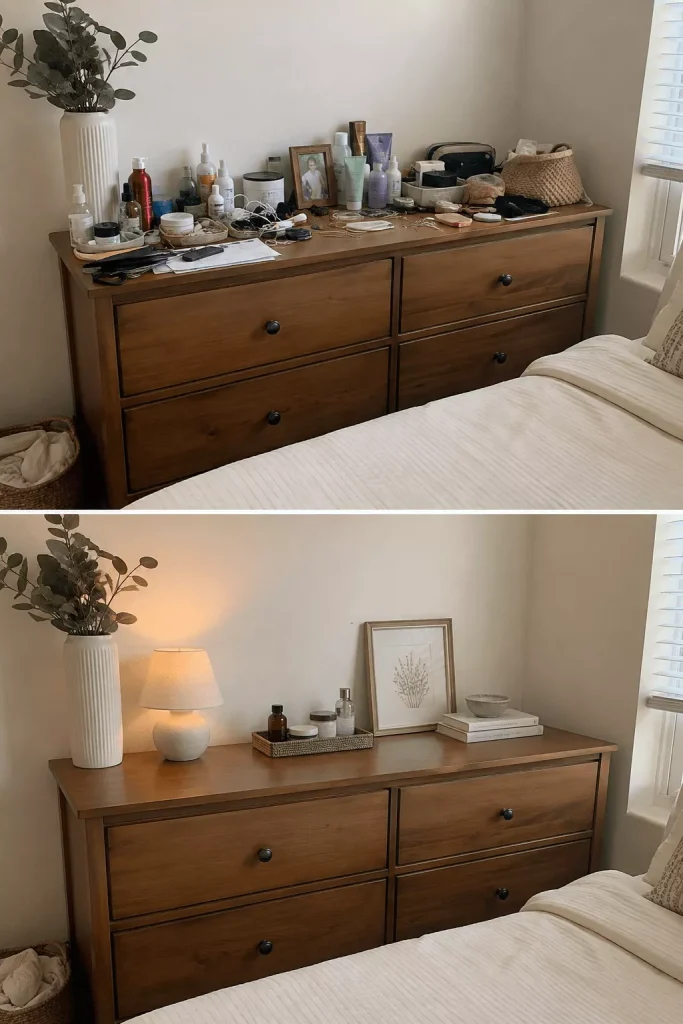 small-bedroom-dresser-before-with-everyday-clutter-and-after-with-a-lamp-tray-art-and-open-surface