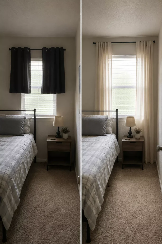 small-bedroom-window-before-with-heavy-short-curtains-and-after-with-lighter-higher-hung-neutral-panels