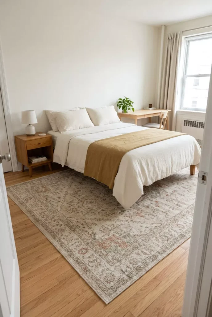 small-bedroom-with-a-low-pile-rug-positioned-to-visually-connect-the-bed-area