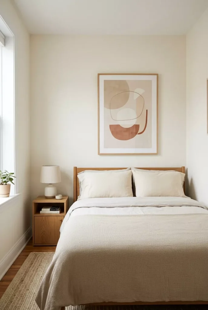 small-bedroom-with-one-moderately-large-framed-print-centered-above-the-bed
