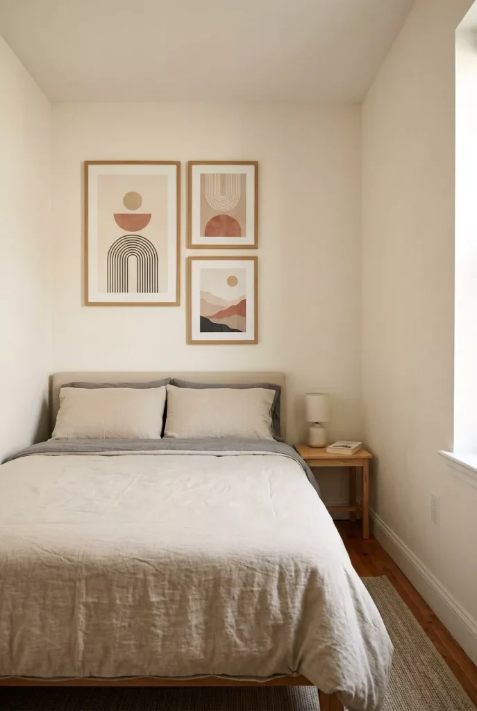 small-bedroom-with-three-coordinated-framed-prints-creating-a-focal-wall-above-the-bed