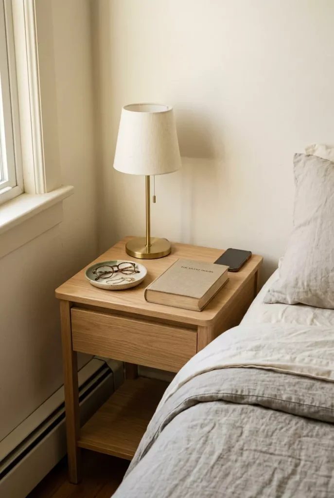 small-bedside-table-styled-with-a-compact-lamp-one-book-and-a-small-ceramic-dish
