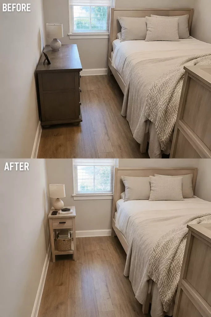 tiny-bedroom-before-with-a-deep-bedside-cabinet-and-after-with-a-slim-table-that-frees-more-walking-space