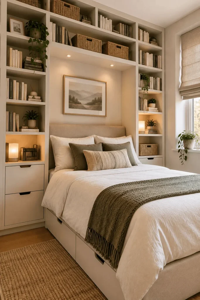Build Floor-to-Ceiling Shelving Around the Bed