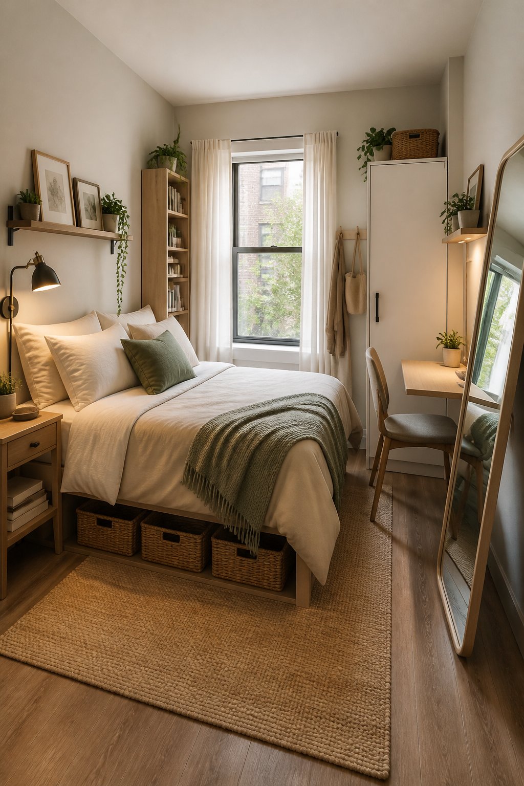 A compact rental bedroom with a neatly made bed, practical storage, shelving, a small desk, and soft natural light.