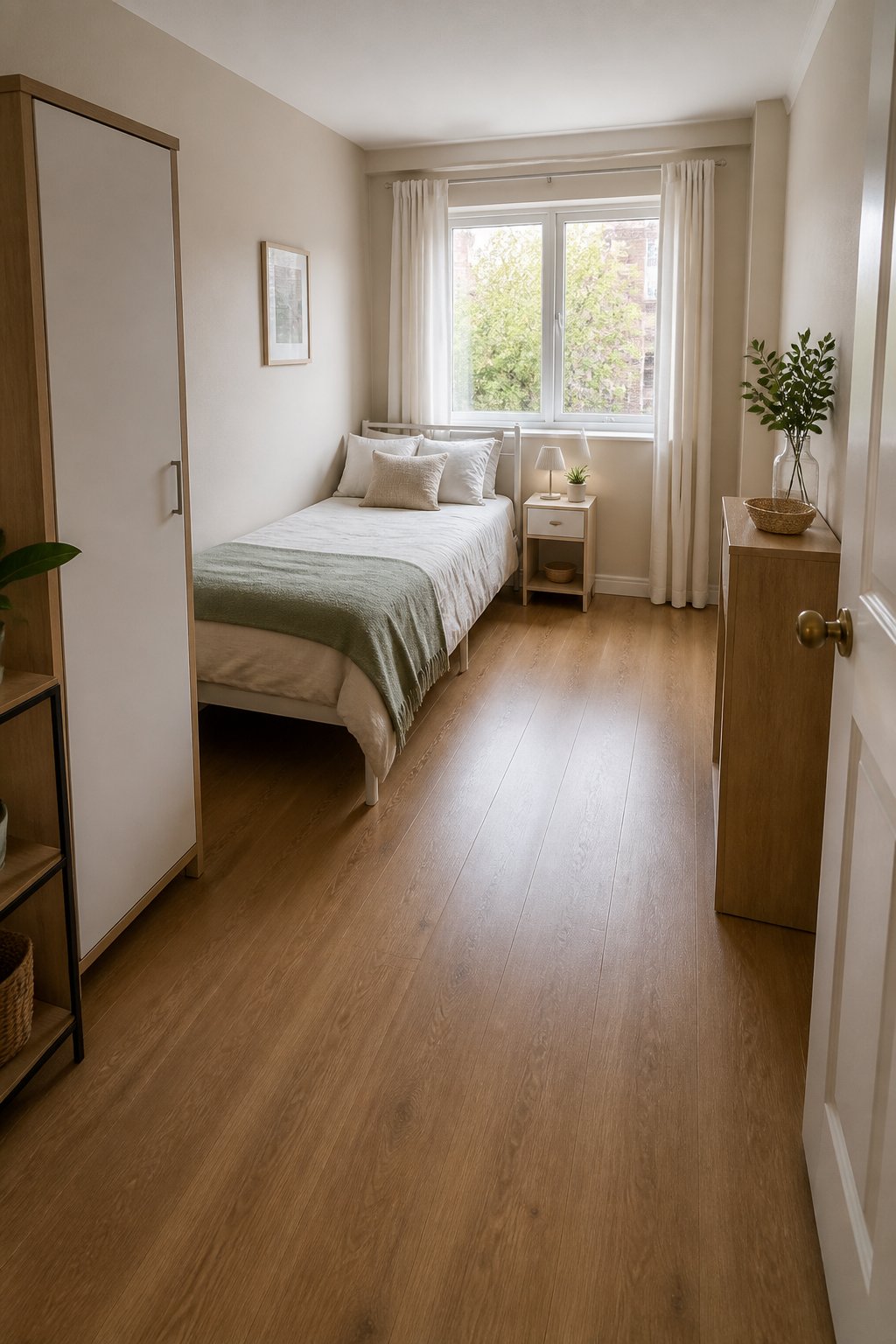Small bedroom with furniture arranged around a clear walking path from the door to the window.