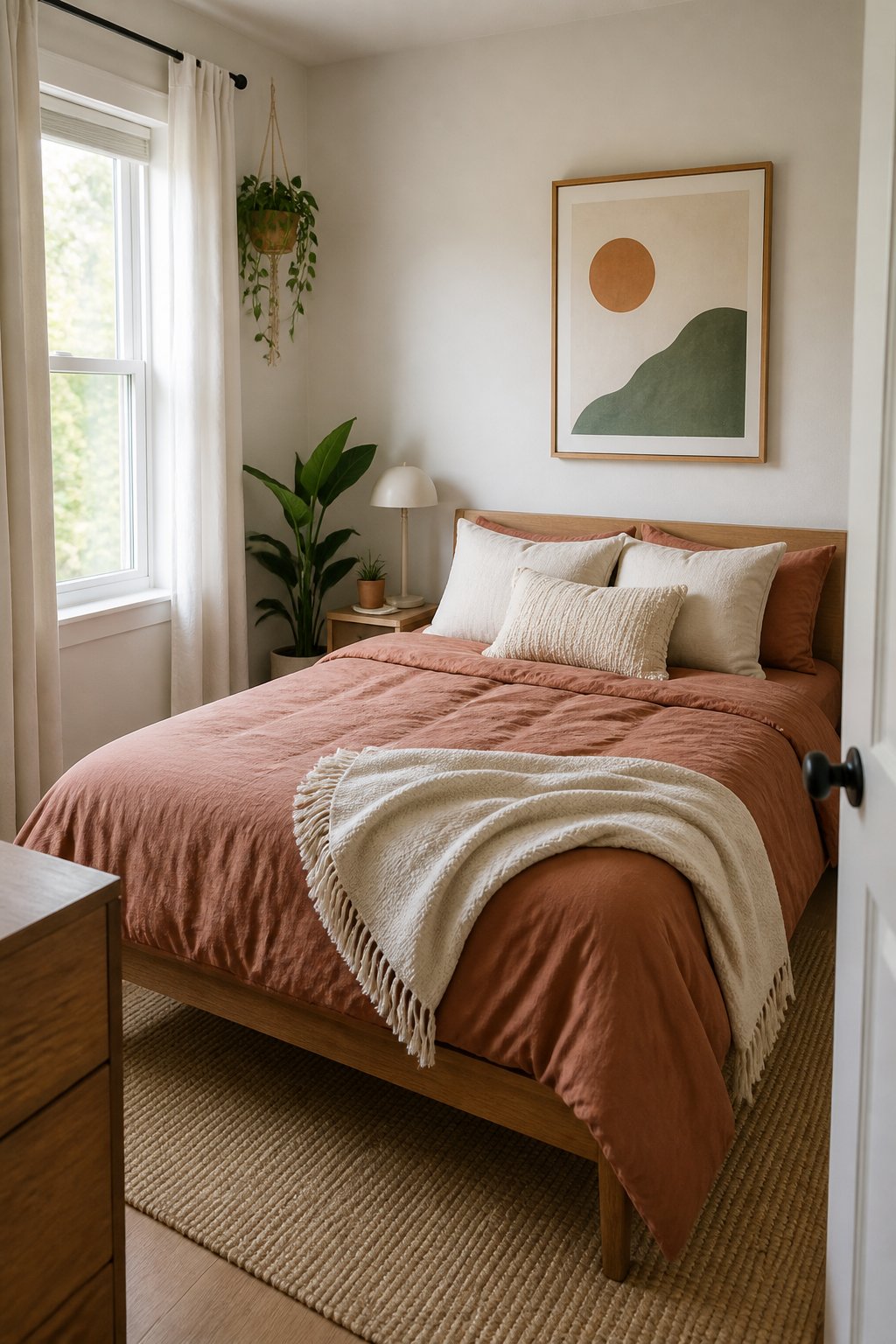 A small bedroom with a neatly made bed layered with a colorful duvet cover and throw blanket.