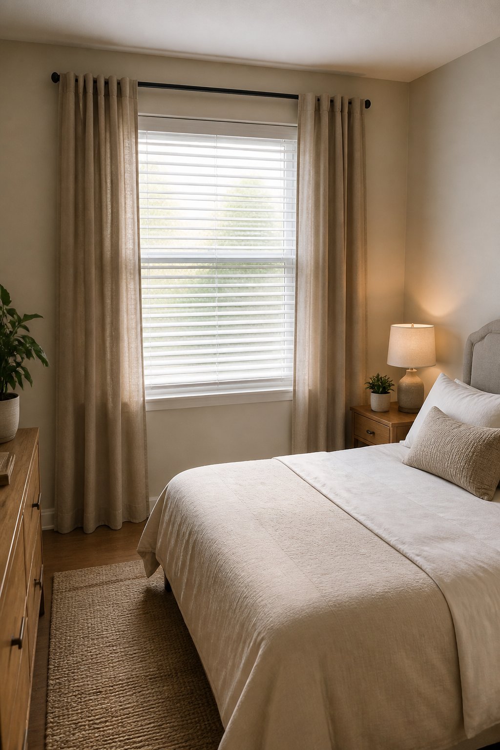 A small bedroom with horizontal blinds framed by full-length open curtains around a bright window.