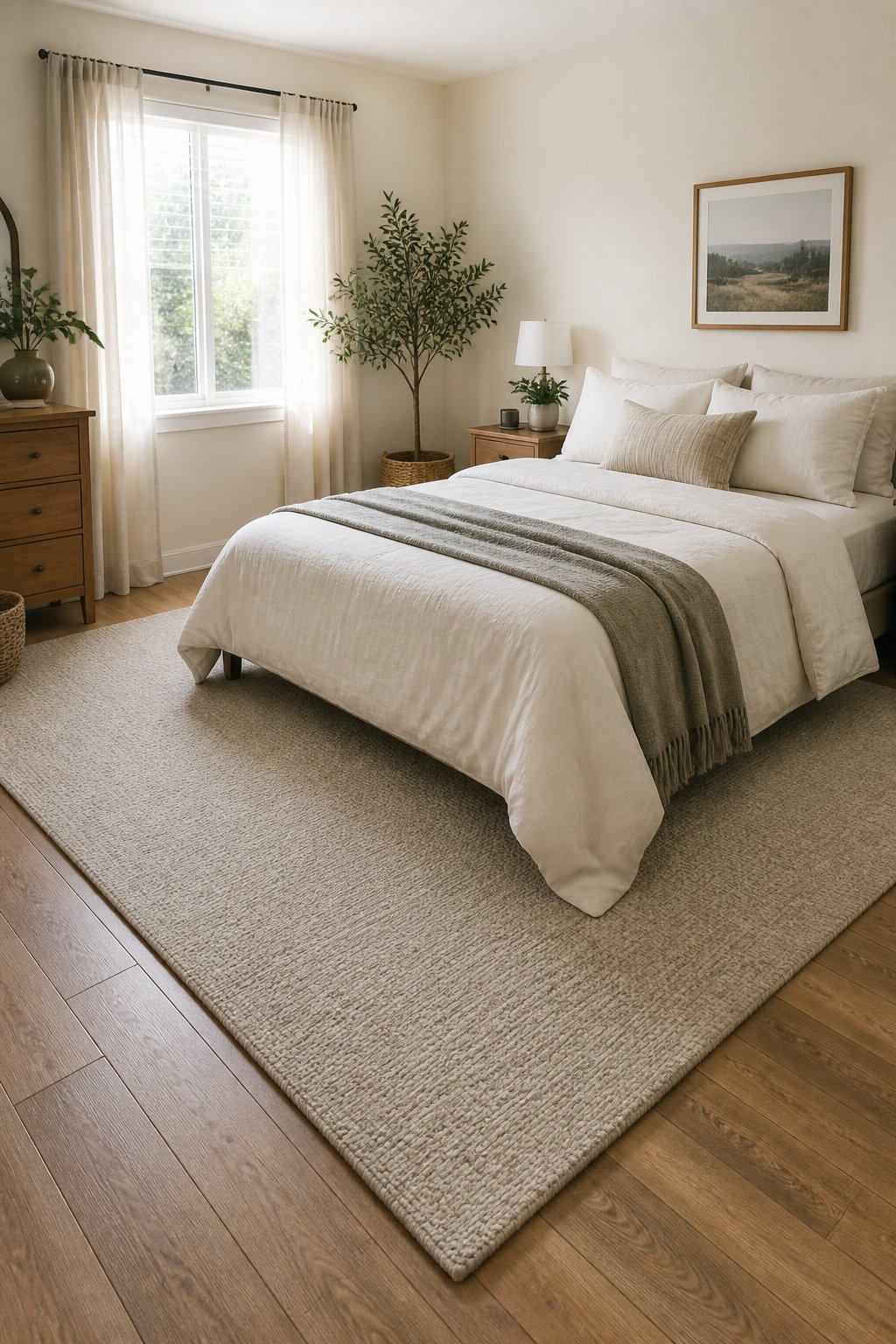 A small rental bedroom with a low-pile area rug placed beneath a neatly made bed.