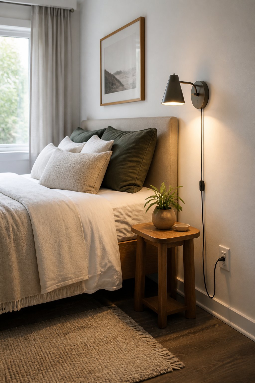 Small bedroom with a plug-in wall sconce mounted beside the bed.