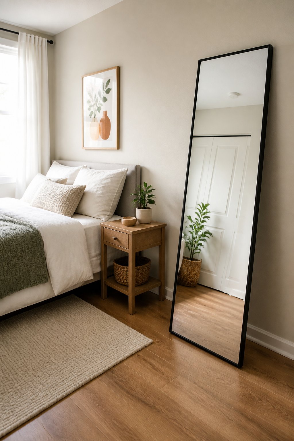 A small bright bedroom with a full-length mirror leaning against the wall beside the bed.