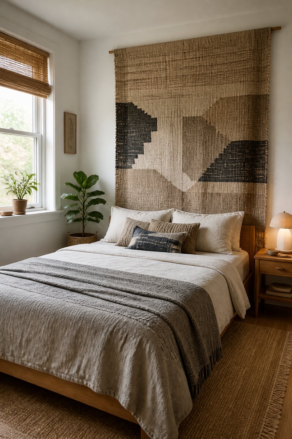 A small bedroom with a bed framed by a large woven textile hanging behind it.
