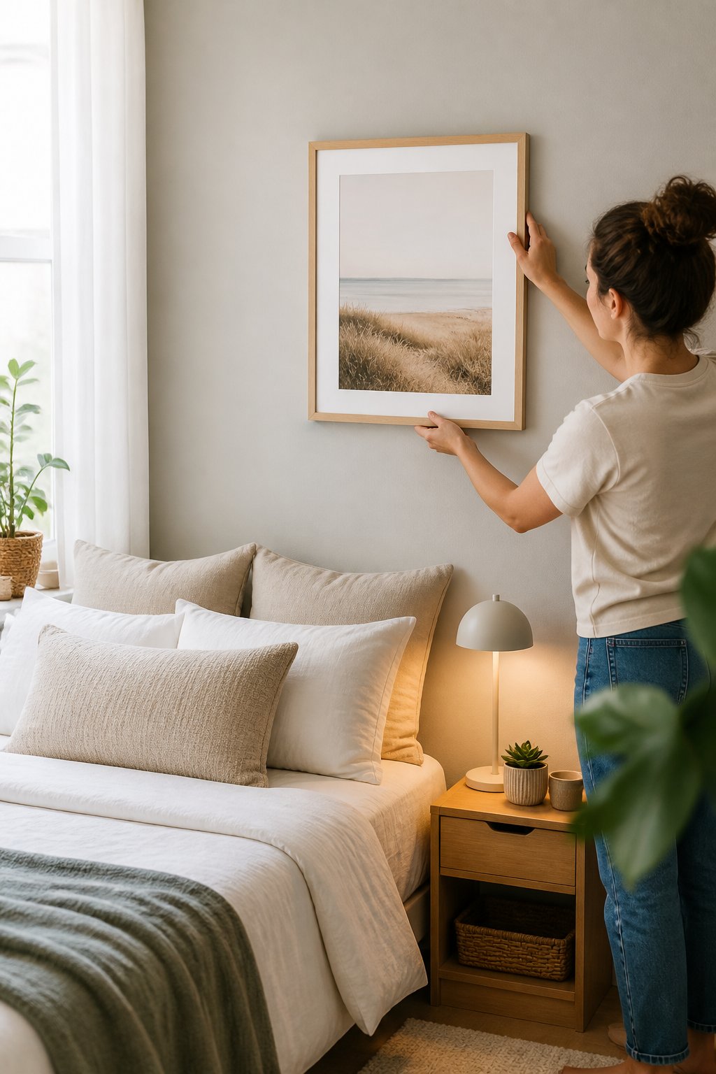 A renter mounts a lightweight framed artwork on the wall of a small, tidy bedroom.