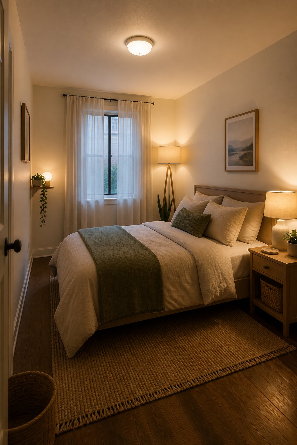 A small cozy bedroom with layered warm lighting from bedside and floor lamps, making the simple ceiling light less noticeable.