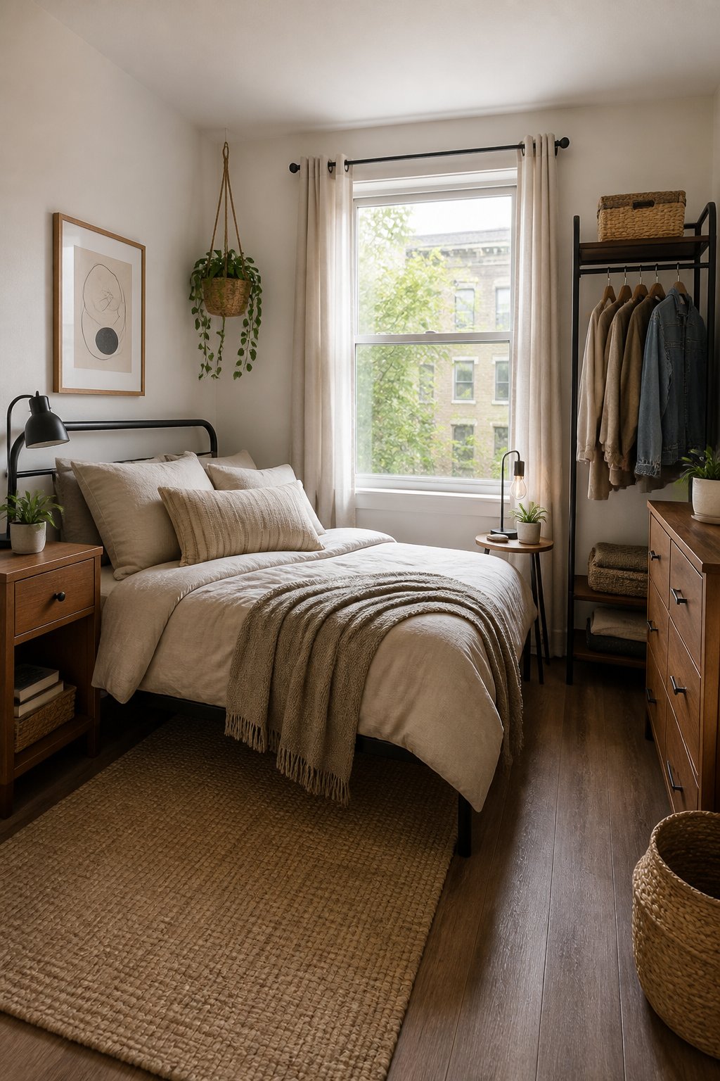 A small bedroom with mismatched furniture coordinated by repeated wood and black metal accents.