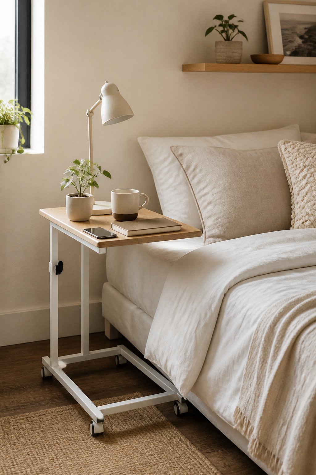 A compact bedroom with a slim rolling bedside cart holding everyday essentials beside the bed.