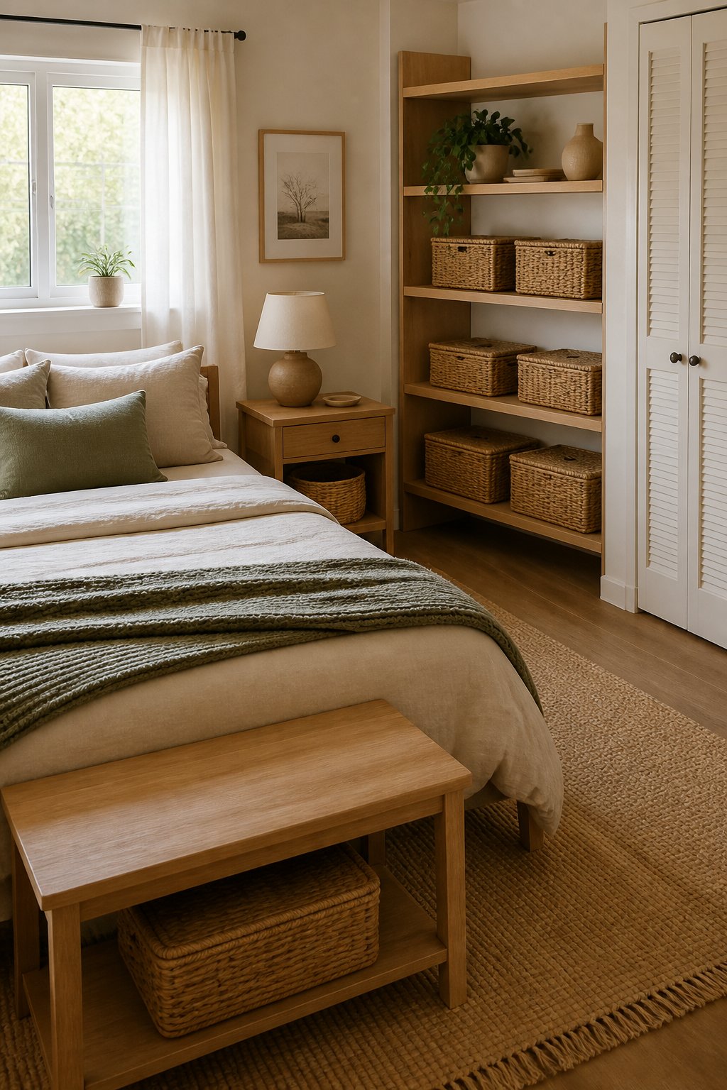 A small tidy bedroom with matching lidded baskets concealing clutter near the bed and storage furniture.