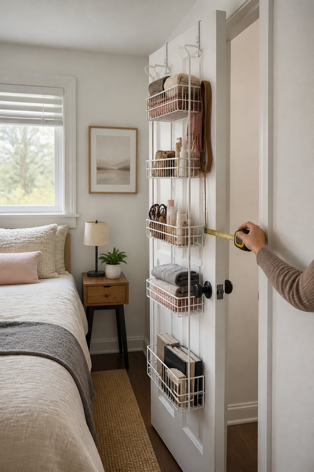 A renter checks the clearance of an over-the-door organizer in a small bedroom.