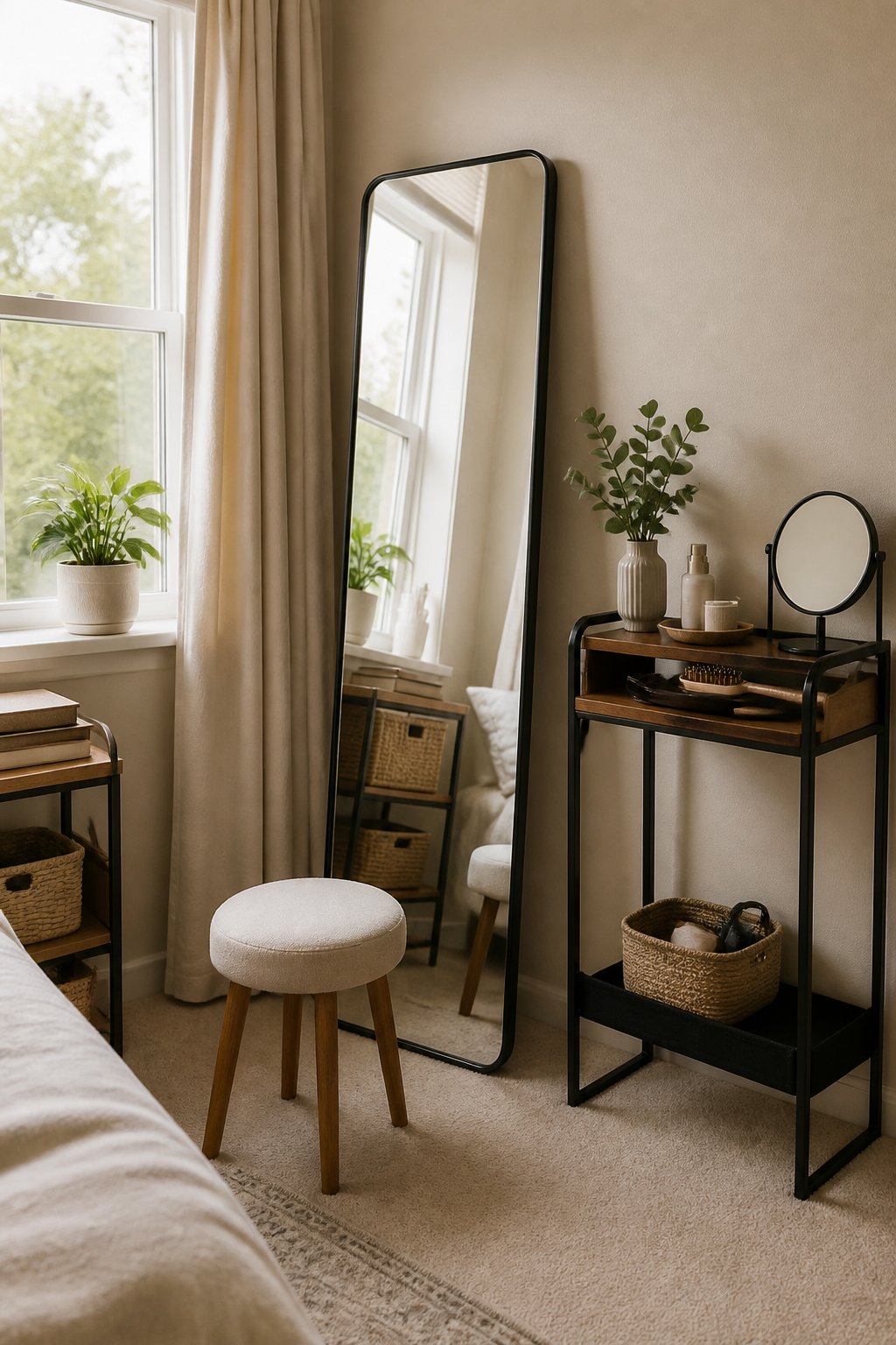 A small bedroom with a freestanding mirror and a compact stool arranged as a portable dressing area.