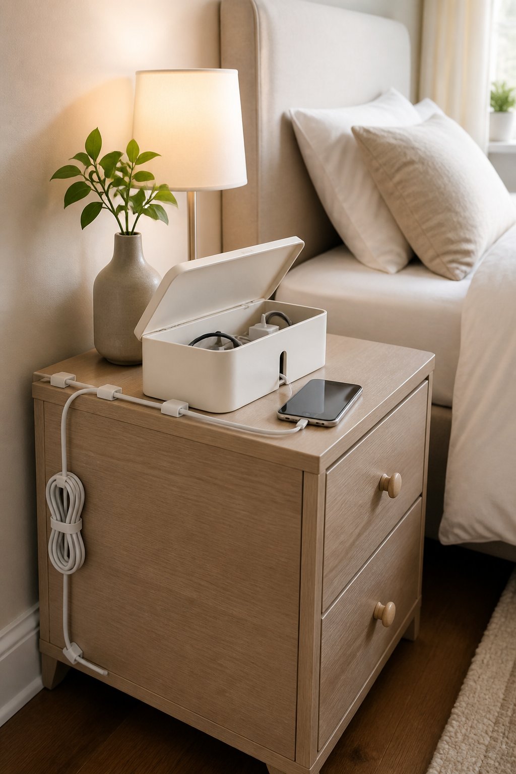 A tidy bedside table with a cable box, clips, and neatly organized phone charging cables.