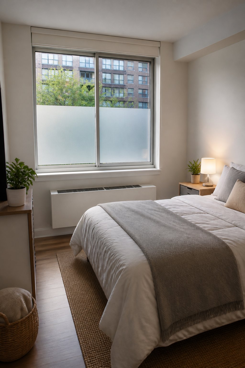A small bedroom with translucent privacy film covering the lower half of its window.
