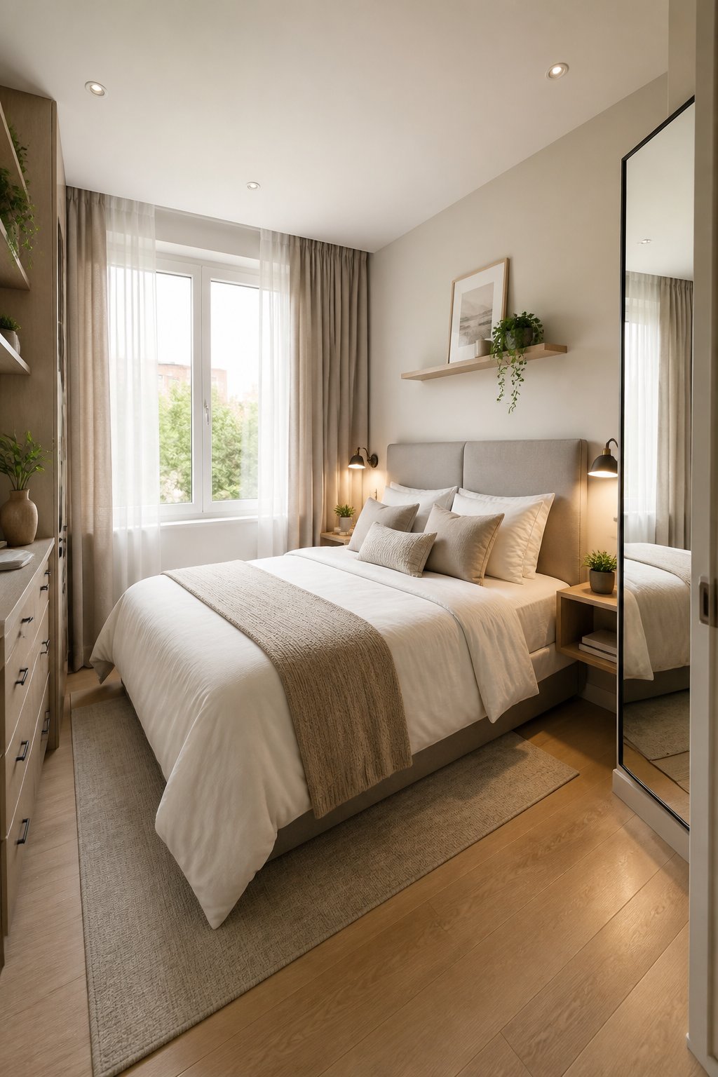A compact bedroom with a queen-size bed, narrow bedside tables, storage furniture, and a window.