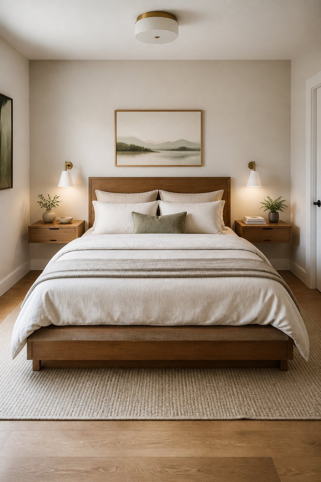 A compact bedroom with a queen bed centered on the wall and floating nightstands on both sides.