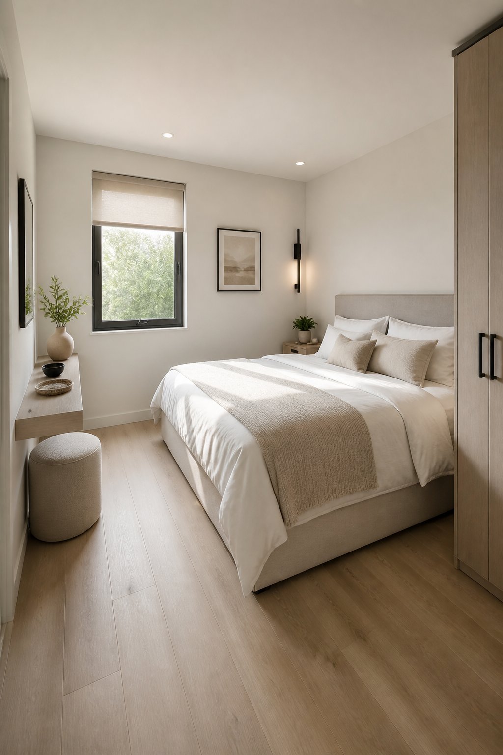 A compact bedroom with a queen bed placed along the longest wall and space-saving furniture.