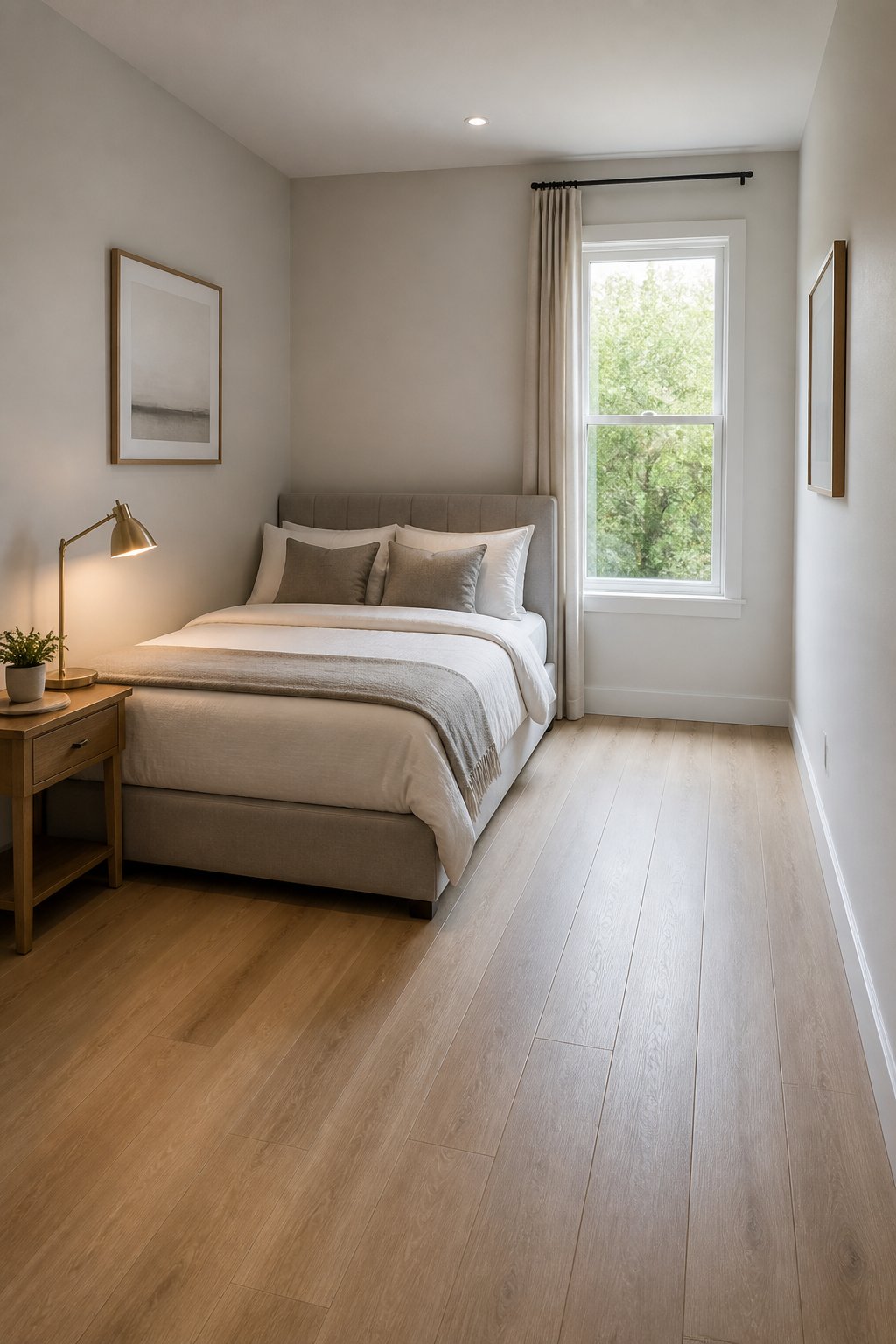 A small bedroom with a queen bed tucked into a corner and a clear walkway along one side.