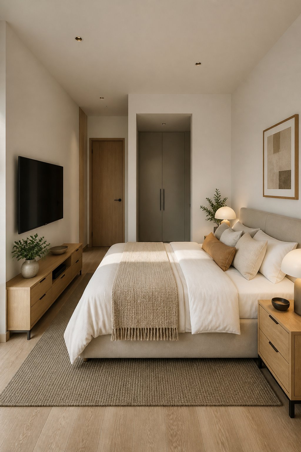 A compact bedroom with a queen bed facing a wall-mounted television above a low media console.