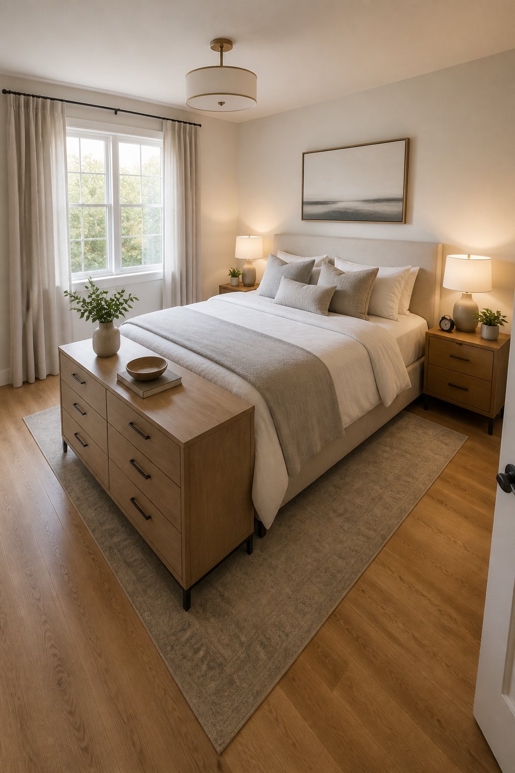 Small bedroom with a queen bed and a dresser positioned at the foot of the bed.