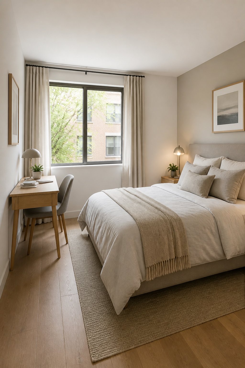 A small bright bedroom with a queen bed and a narrow desk positioned along the window wall.